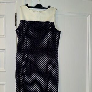 Talbots Cotton Sheath Dress, blue/Cream polka dot, midi length, 14